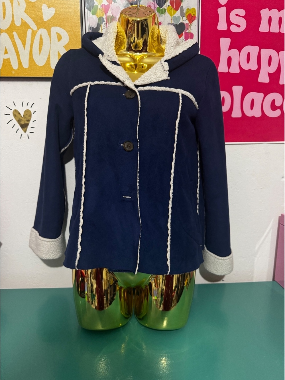 Old Navy Girls Large Navy Blue Sherpa Trim Hooded Coat Button Front